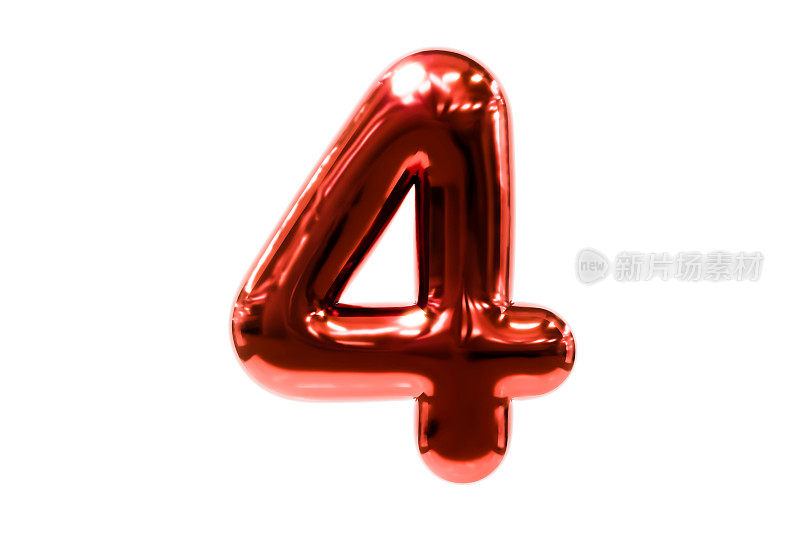 气球字体金属红色数字4由现实的氦气球，Premium 3d插图。